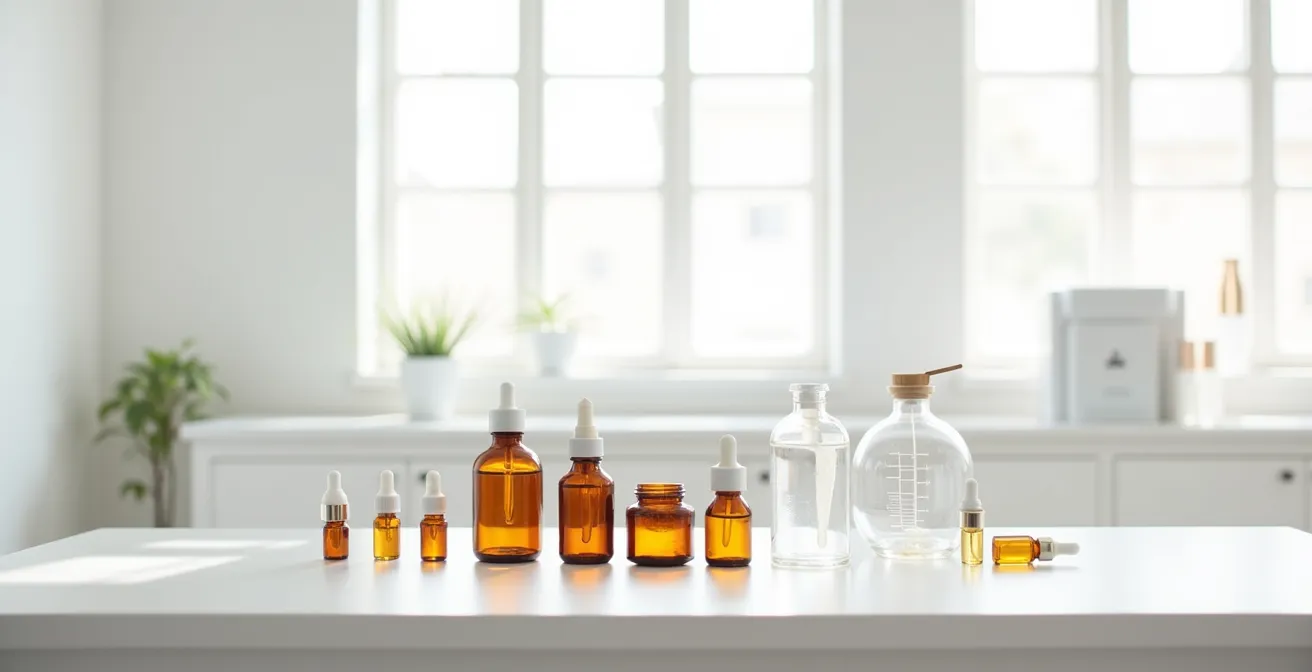 Environnement de laboratoire épuré avec flacons de cosmétiques CBD en cours d'analyse