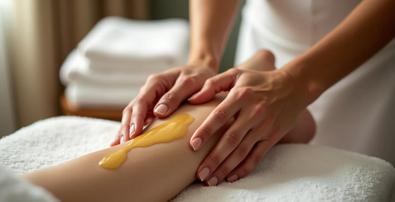 Mains appliquant une huile de massage au CBD sur une peau détendue